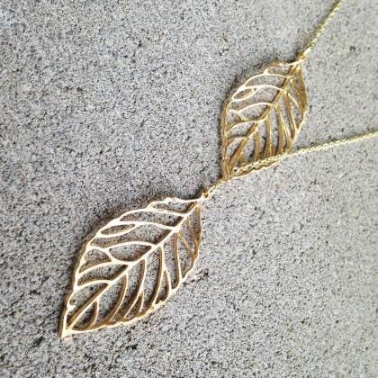 Double Leaf Pendant Necklace - Leaf Necklace -..