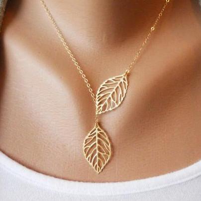 Double Leaf Pendant Necklace - Leaf Necklace -..