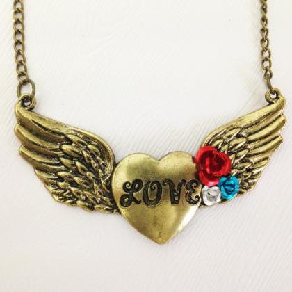 Heart With Wings Pendant Necklace Antique Bronze -..