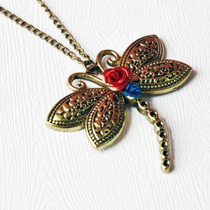 Dragonfly Pendant Necklace Antique Bronze -..