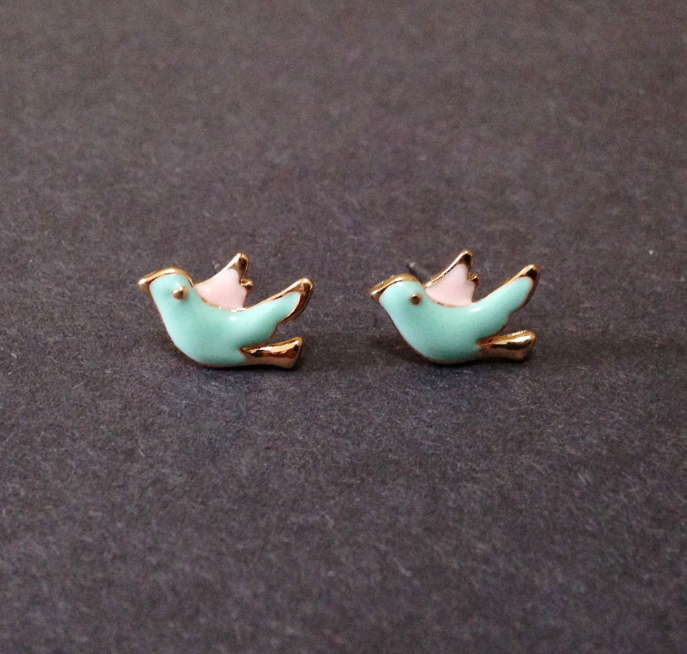 Birds Stud Earrings Pink And Blue - Bird Earrings - Tiny Bird Earrings - Bird Stud - Bird Jewelry - Bird Accessories